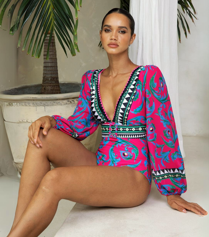 Long-sleeved Peacock Totem Print One Piece Swimsuit and sarong