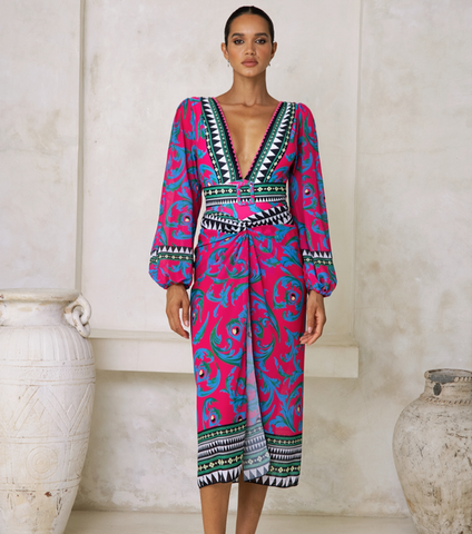 Long-sleeved Peacock Totem Print One Piece Swimsuit and sarong