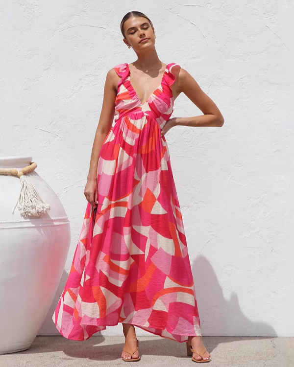 Ruffle V Neck Maxi Dress