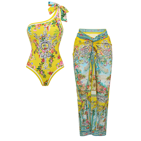 Reversible One Shoulder Bougainvillea Print Swimsuit Set(s)