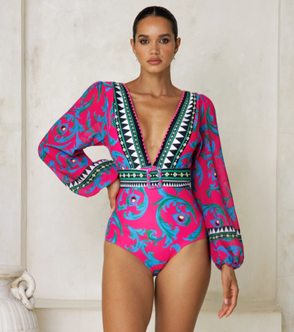 Long-sleeved Peacock Totem Print One Piece Swimsuit and sarong
