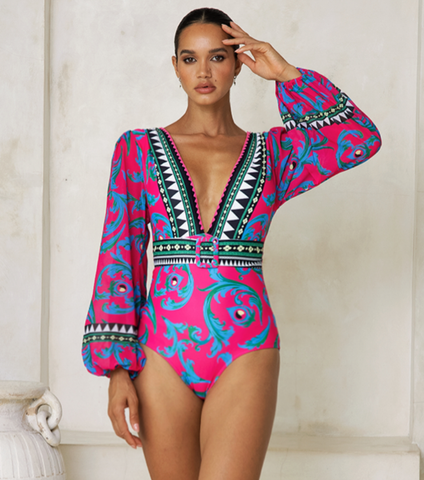 Long-sleeved Peacock Totem Print One Piece Swimsuit and sarong