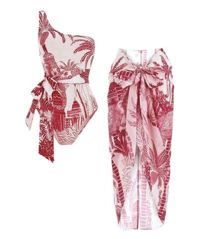 One Shoulder Coconut Palm Print One Piece Swimsuit and sarong