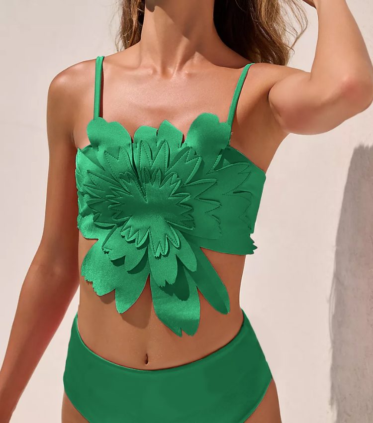 3D Flower Removable Strap High Waist Bikini Swimsuit	