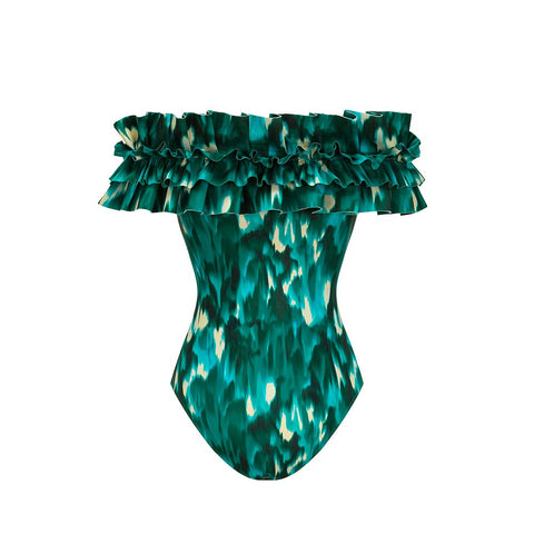 Bandeau Ruffled Green Blooming Print One Piece Swimsuit and Mesh Splicing Sarong