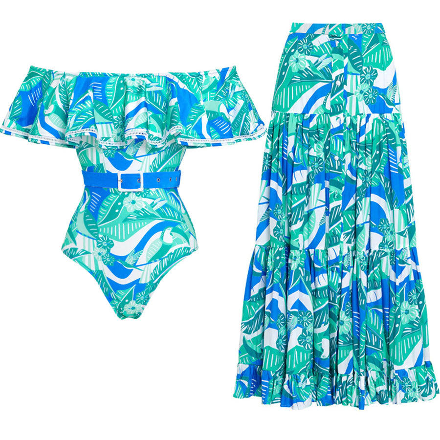 Off Shoulder Ruffled Tropical Print One Piece Swimsuit and Skirt