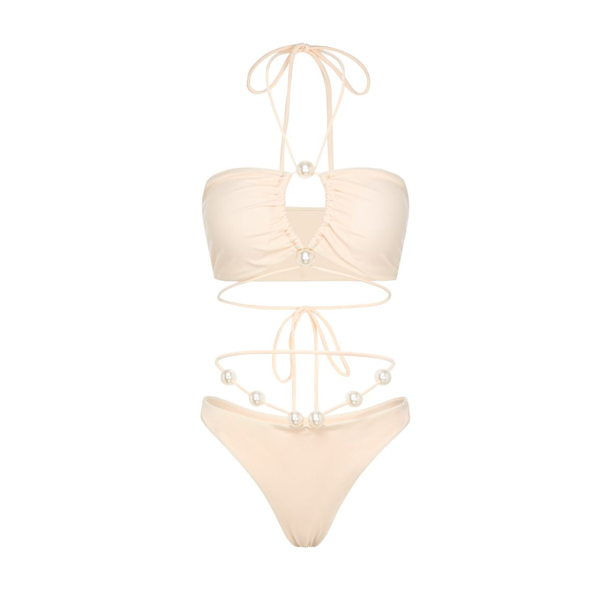 Pearl Detail Halter Lace Up Bikini Swimsuit and Sarong Flaxmaker	