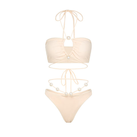 Halterneck Pearl Bandeau High Waist Bikini Swimsuit and Sarong