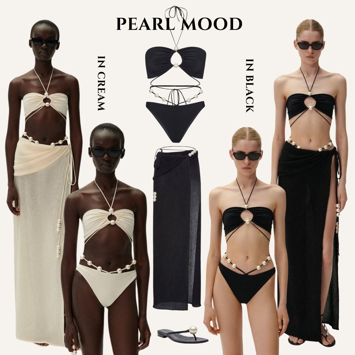 Halterneck Pearl Bandeau High Waist Bikini Swimsuit and Sarong	