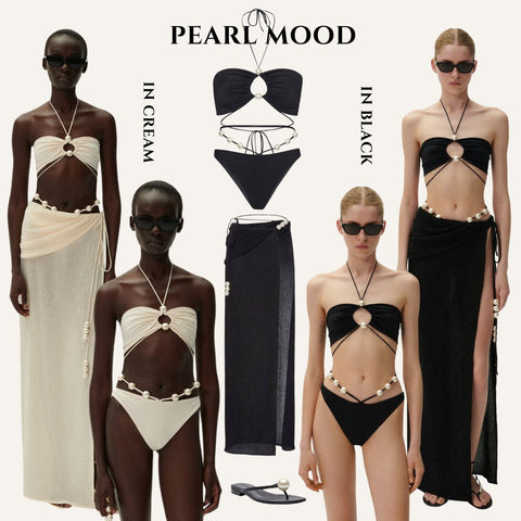 Halterneck Pearl Bandeau High Waist Bikini Swimsuit and Sarong	