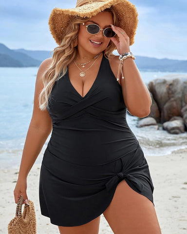 Plus Size Tummy Control Knot Detailed Swimdress