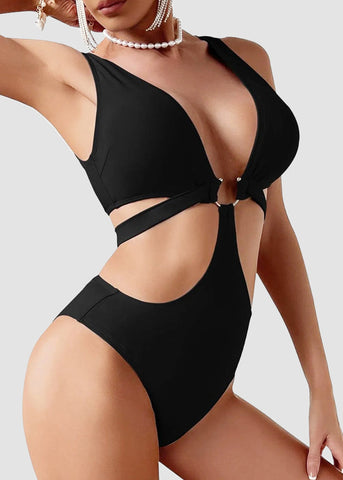 Sexy Metal O Ring Linked Cutout Low Cut One Piece Swimsuit