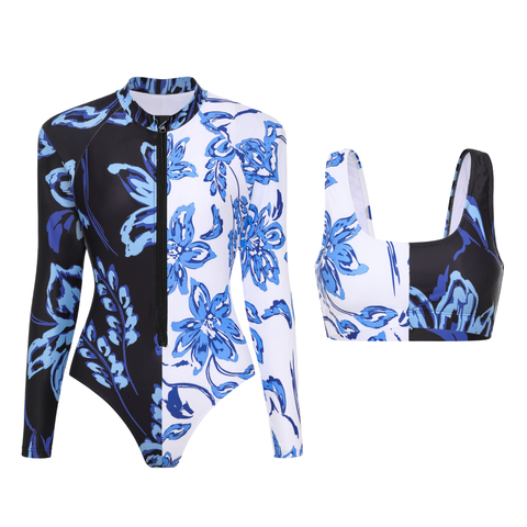 Color Block Printed Long Sleeve One Piece Surf Swimsuit and Skirt	