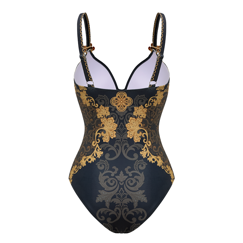 Sling Gold Embroidery Decor One Piece Swimsuit and Skirt	