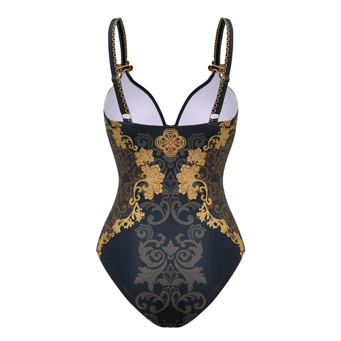 Sling Gold Embroidery Decor One Piece Swimsuit and Skirt	