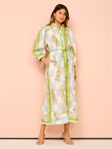 Puff Sleeve Lace Up Printed Dress