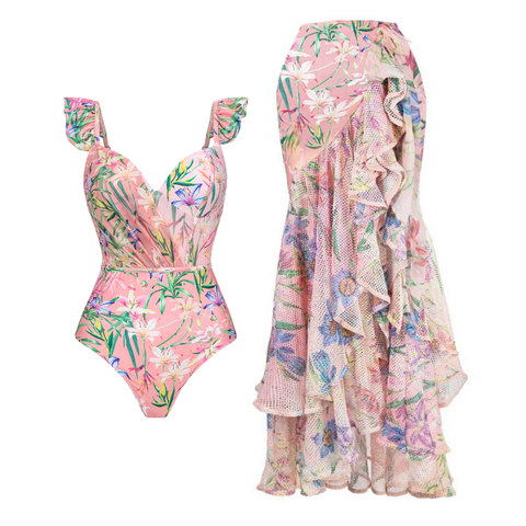 V Neck Floral Print One Piece Swimsuit and Mesh Splicing Skirt