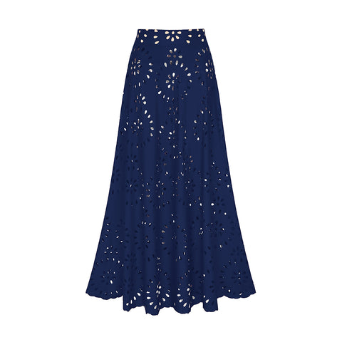 Navy Blue Laser Cutting Flower Hollow One Piece Swimsuit and Skirt