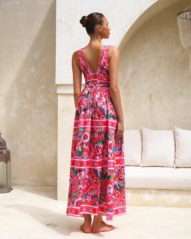 Pink Floral Paradise Print V-neck One Piece Swimsuit and Skirt	