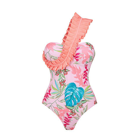 One Shoulder Floral Print One Piece Swimsuit and Skirt