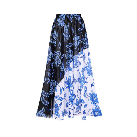 Color Block Printed Long Sleeve One Piece Surf Swimsuit and Skirt	