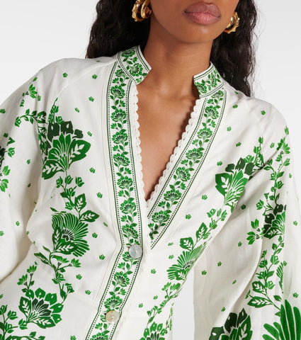 V Neck Retro Printed In Green Dress