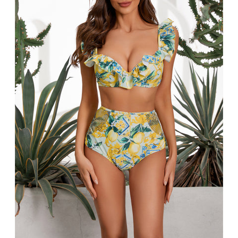 Lemon Print Ruffle Strap Bikini Swimsuit and Mesh Splicing Sarong