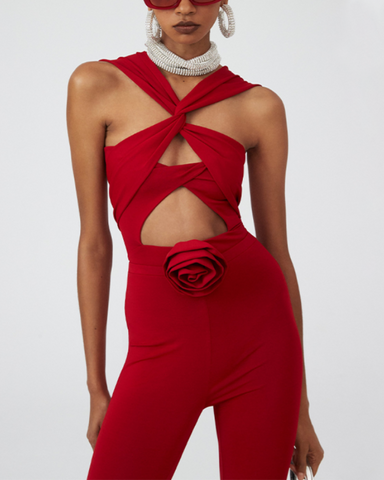 3D Flower Cut Out Cross Straps One Piece Swimsuit and Pants