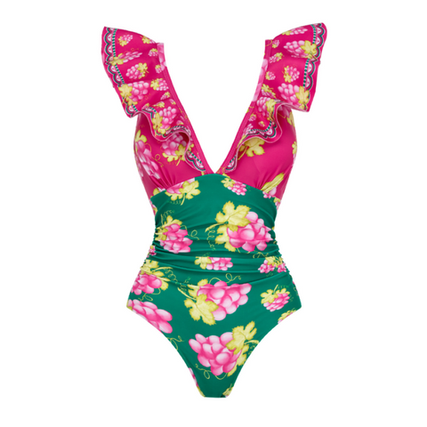 Ruffled Deep V Retro Green Grapes Print One Piece Swimsuit and Skirt
