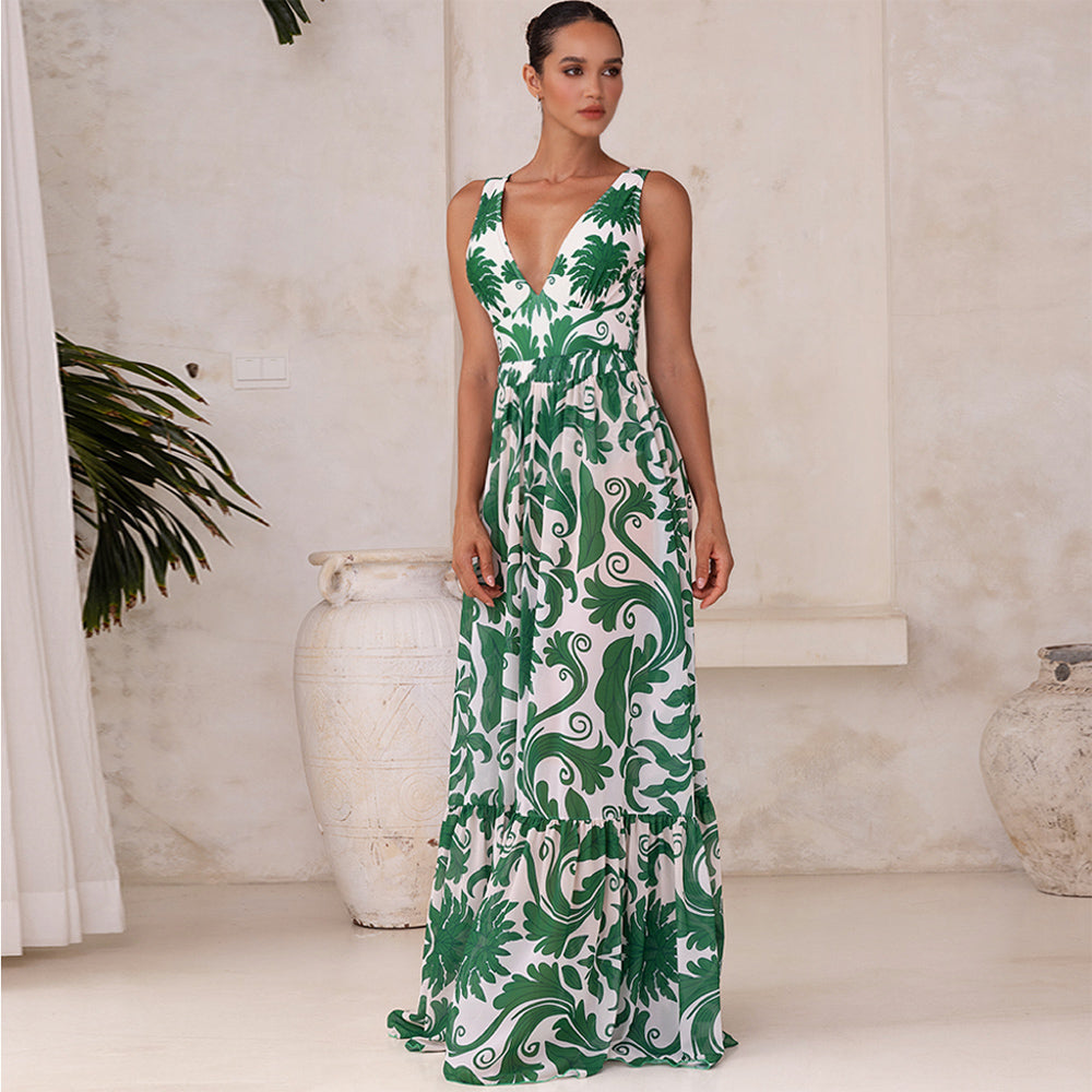 V Neck Green Printed Knotted at Waist Tummy Control One piece Swimsuit and Skirts or Pants	