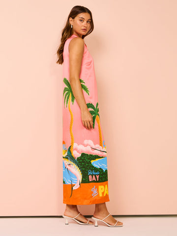 Vacation Sleveeless Jungle Printed Dress