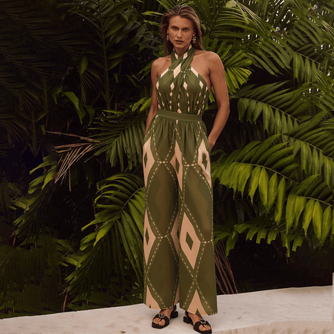 Halter Neck Geometric Pattern Print One Piece Swimsuit and Pants