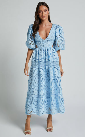 V Neck Puff Sleeve Lace Dress