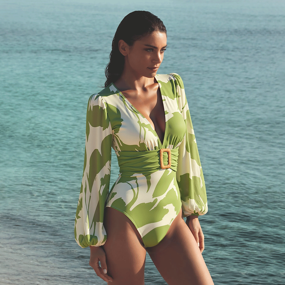 V Neck Long Sleeve Flower Print One Piece Swimsuit and Pants	