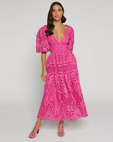 V Neck Puff Sleeve Lace Dress