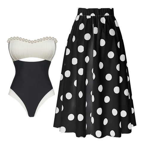 Off Shoulder Artificial Pearl Decor White One Piece Swimsuit and Skirt