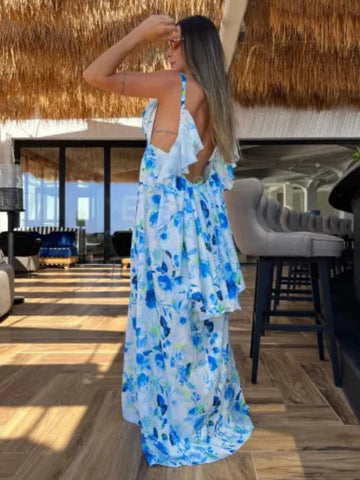 Backless V Neck Slit Printed Dress
