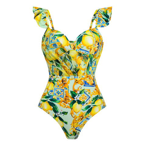 Ruffle Starp Push Up Lemon Print One Piece Swimsuit and Mesh Panel Sarong
