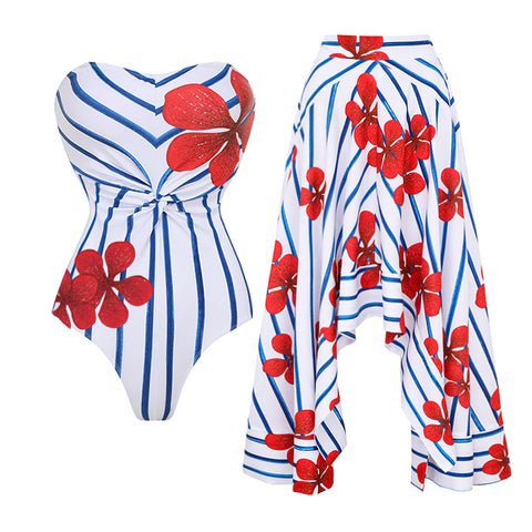 Off Shoulder Print One Piece Swimsuit and Skirt