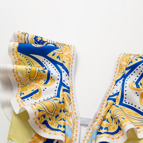 Ruffle V Neck Pattern Print One Piece Swimsuit and sarong or Pants