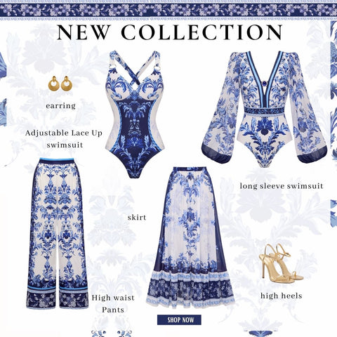 Long Sleeve Flower Color Block Print One Piece Swimsuit and Skirt/Pants