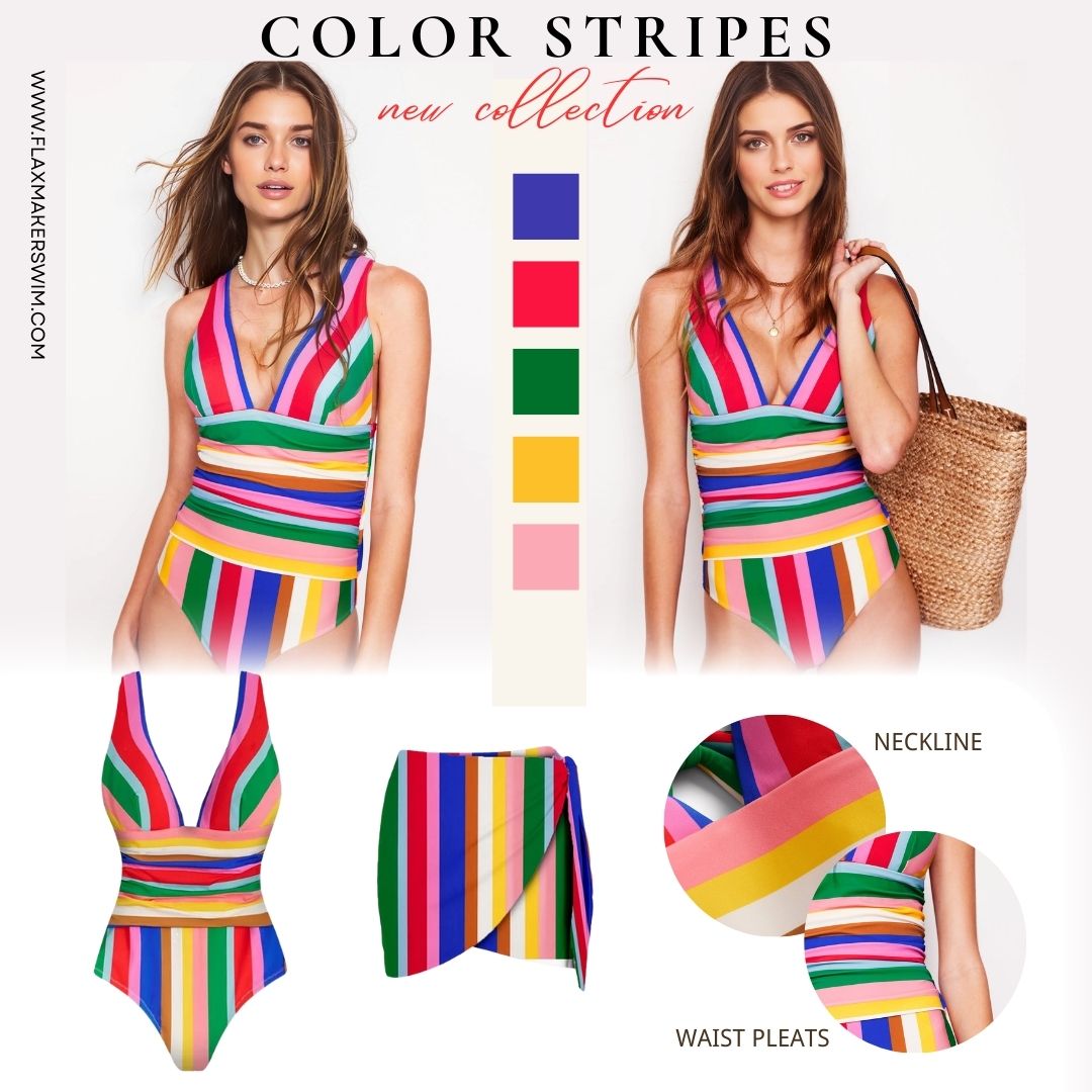 Colorful Stripe Print V-neck One Piece Swimsuit and Skirt	