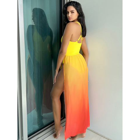 Sling Solid Color One Piece Swimsuit and Skirt