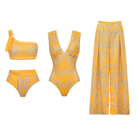 V Neck Yellow Tribal Style Print Swimsuit Set(s)