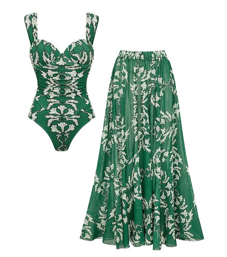 Sling Underwired Shirring Printed One Piece Swimsuit and Skirt	