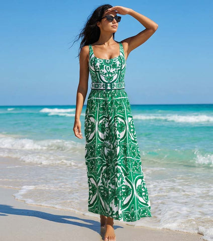 Classic Majolica Series Pattern Print One Piece Swimsuit and Pants or Skirt	