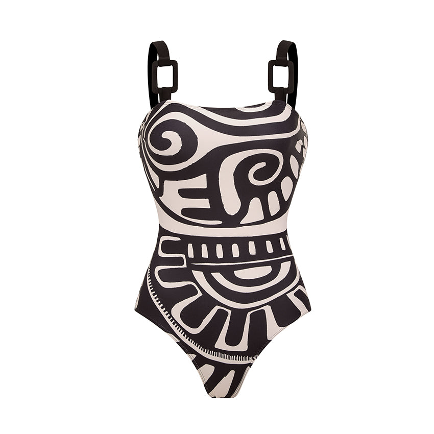 Adjustable Shoulder Straps Black Tribal Print Swimsuit Set(s)	