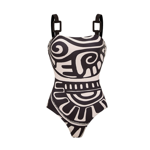 Adjustable Shoulder Straps Black Tribal Print Swimsuit Set(s)	