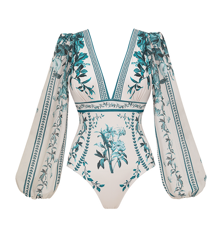 Dark Cyan Long Sleeved Floral SwimsuitL Set(s)