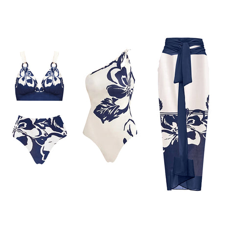V Neck High Waist Bikini Blue Print Swimsuit Set(s)
